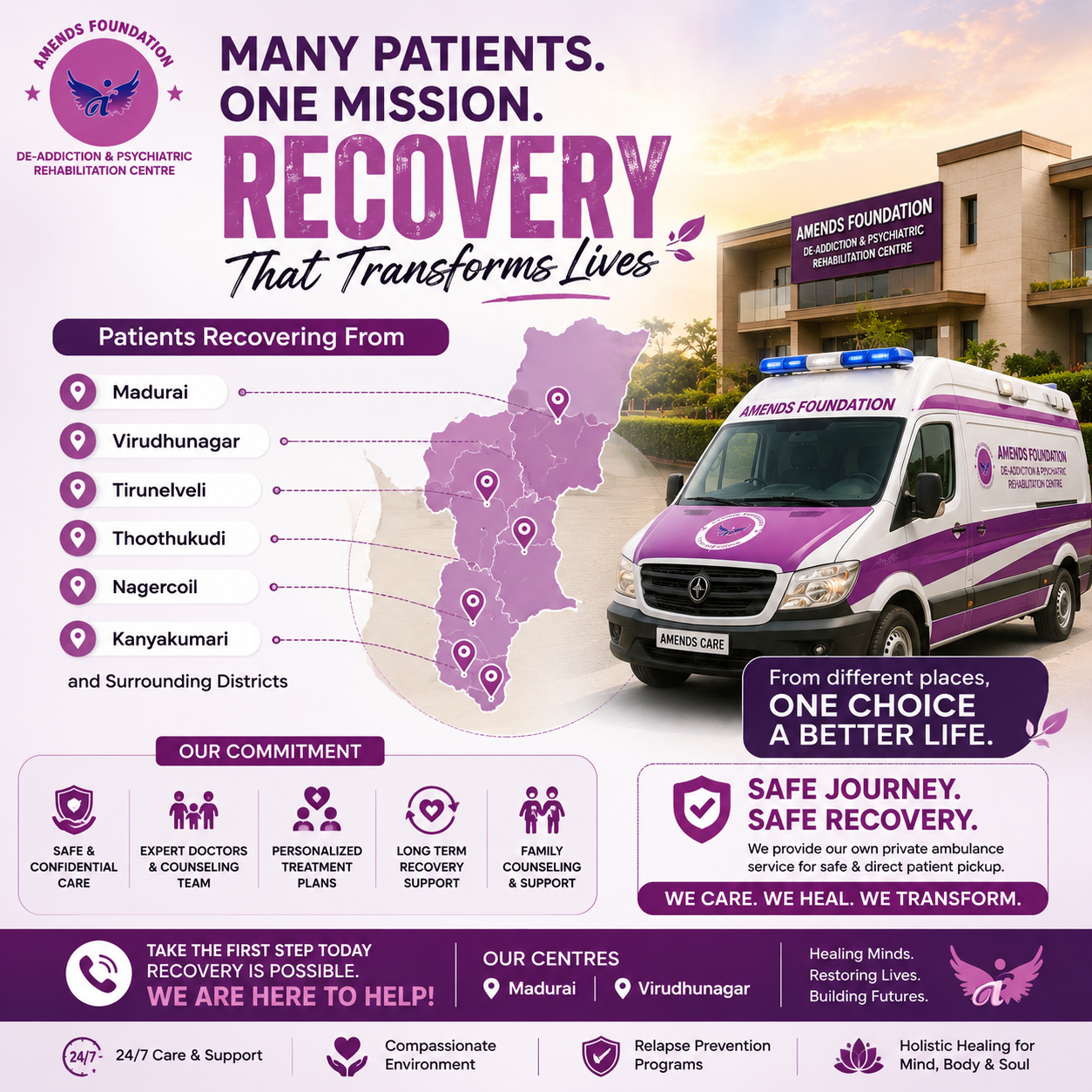 De-Addiction & Psychiatric Rehabilitation Centres to serve patients across South Tamil Nadu.